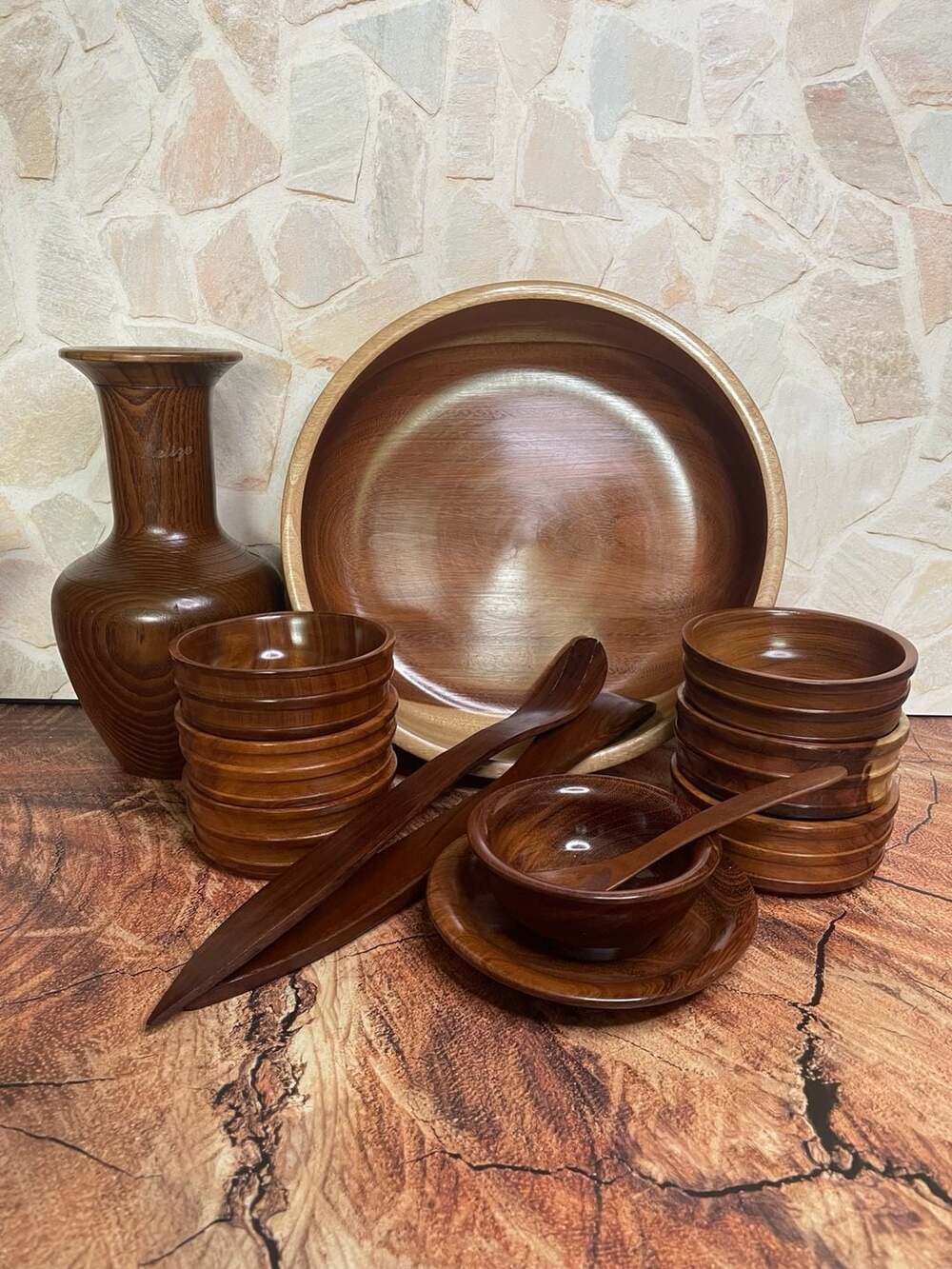 Vintage Handcrafted Solid Wood Salad Bowl Serving Set Mahogany